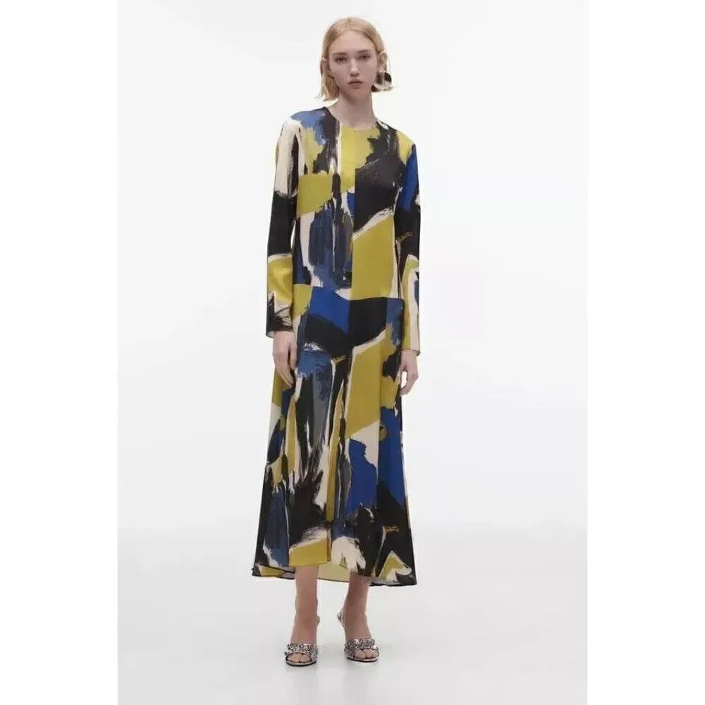 Zara Womens Midi Dress Size L Multicolor A-Line Printed Flowy 9107/390 NWT